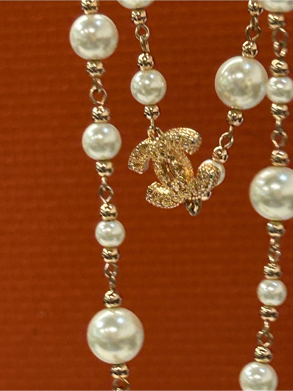 CHANEL? Long Faux Pearl Station Necklace in White and Gold - Picture 9 of 9